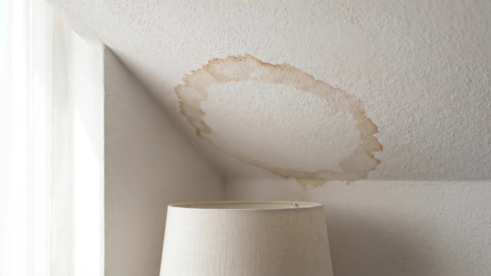 Brown water ring spreading across a white bedroom ceiling below a roof leak, a lamp and window in soft light