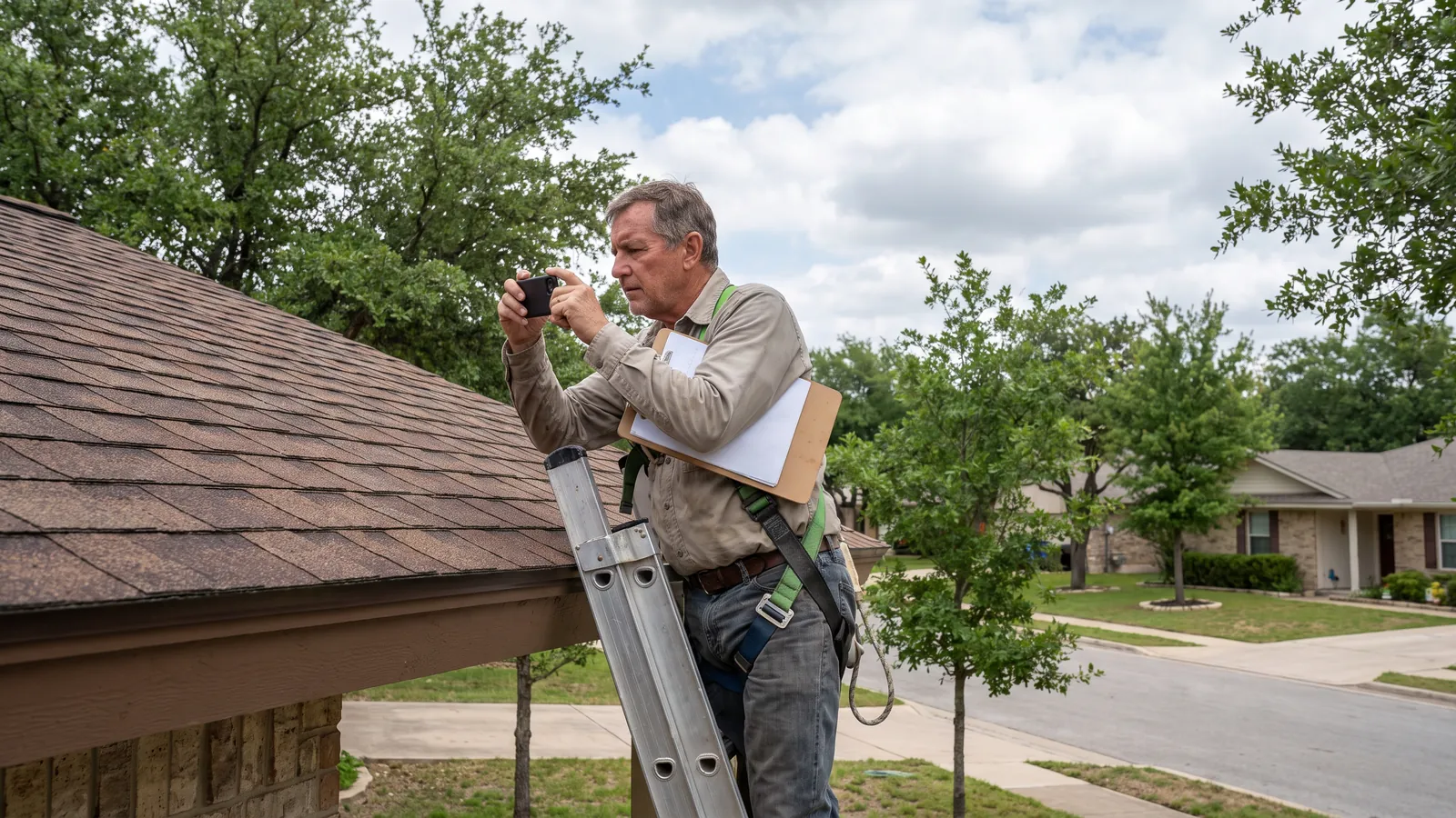 Roof inspector at the top of a ladder photographing a shingle roof with a phone, clipboard in hand, a suburban Central Texas street behind