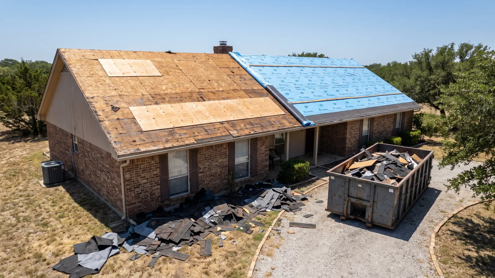 Roof replacement in progress with old shingles stripped, bare decking exposed on one slope and new underlayment rolled across the other