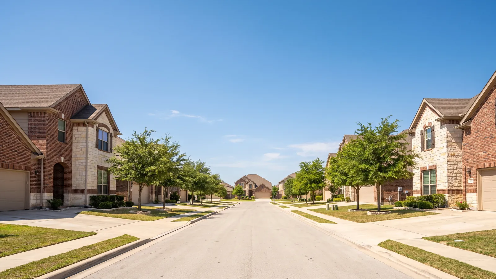 Sunny suburban street in Round Rock, Texas, with brick and stone homes under brown architectural shingle roofs and young oaks along the sidewalk